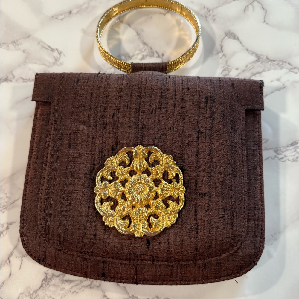 Vintage Brown Clutch with Gold Accents slip your hand through ring onto wrist